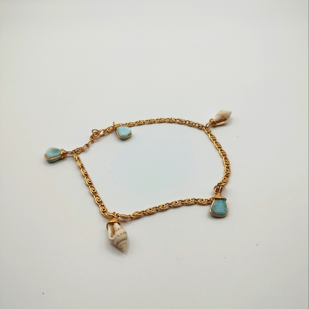 Gold and Blue Charm Seashell Coastal Bracelet